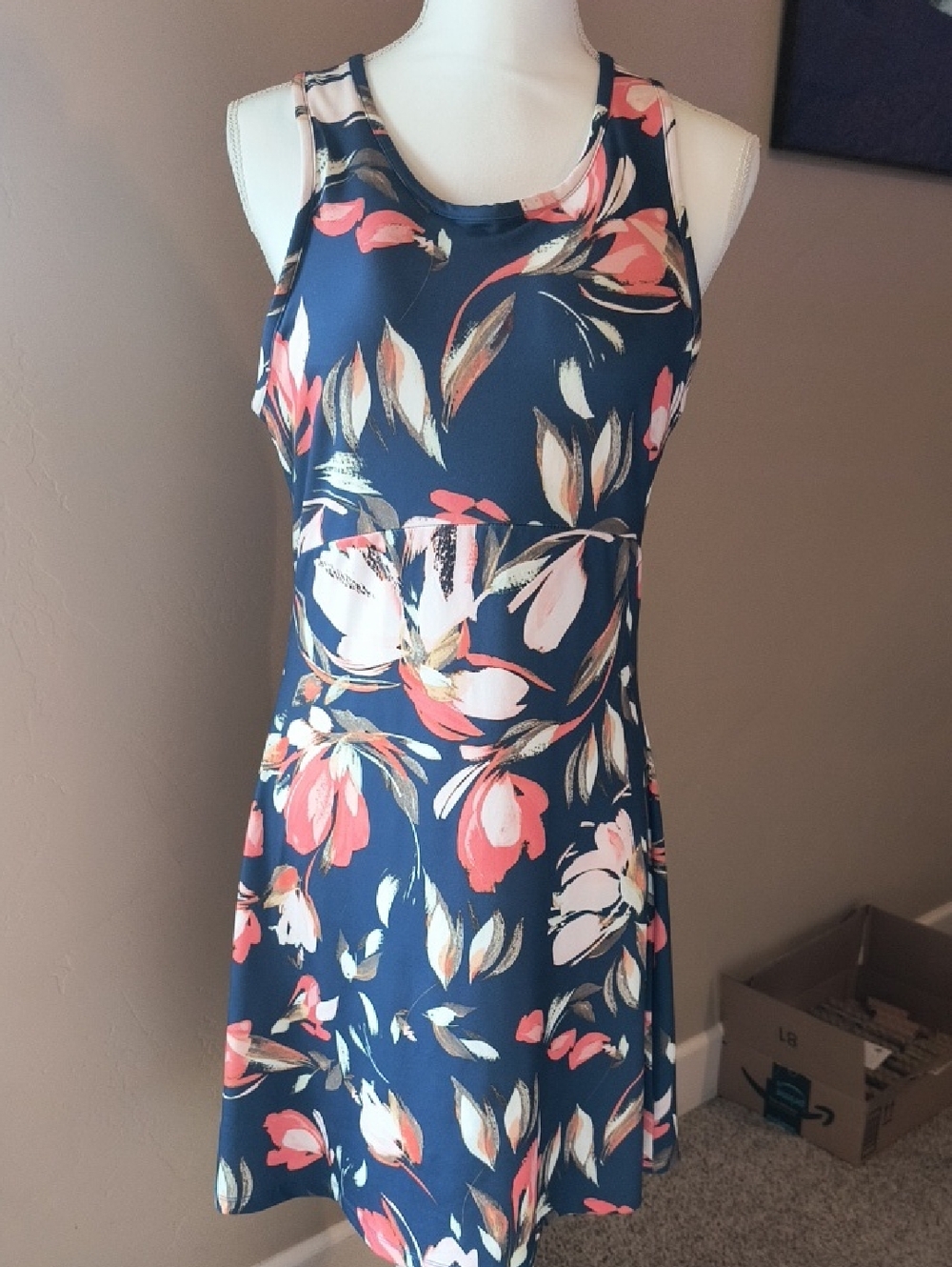 Floral Navy Sleeveless A-Line Dress - Coral & White Print